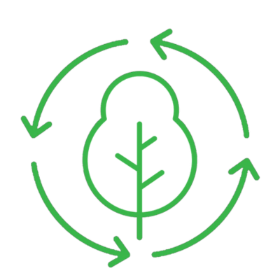 Green outline icon of a tree with arrows around going in an ant clockwise direction.