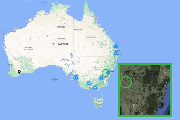 Map of Australia with green circle around where Coopers Crossing is located.
