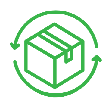 Green outline icon of a delivery box with arrows circled around