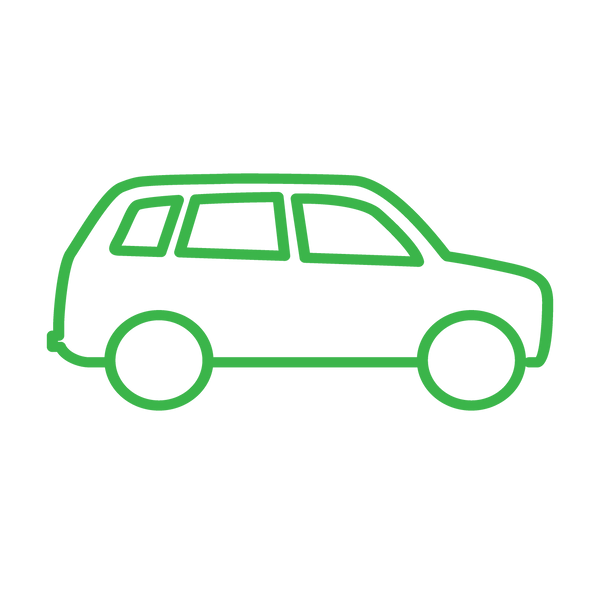 Green outline icon of a 4WD. Car symbol links to carbon offsets for 4WD at 6.5 tonnes