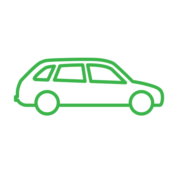 Green outline icon of a large car. Car Offset - LARGE (5.0 tonnes of CO2-e)