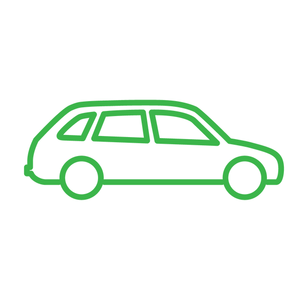 Green outline icon of a large car. Car Offset - LARGE (5.0 tonnes of CO2-e)