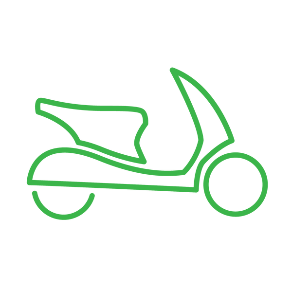 Green outline Icon of a scooter. Scooter Offset (1.3 tonnes of CO2-e)