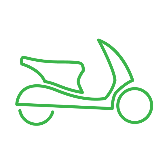 Green outline Icon of a scooter. Scooter Offset (1.3 tonnes of CO2-e)