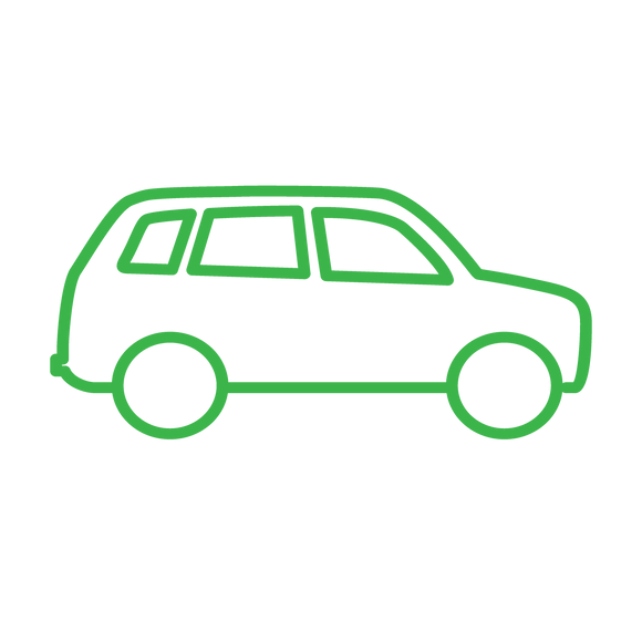 Green outline icon of a 4WD. Car symbol links to carbon offsets for 4WD at 6.5 tonnes