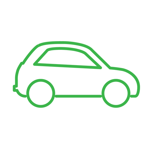 Green outline icon of a small car. Car Offset - SMALL (3.8 tonnes of CO2-e)